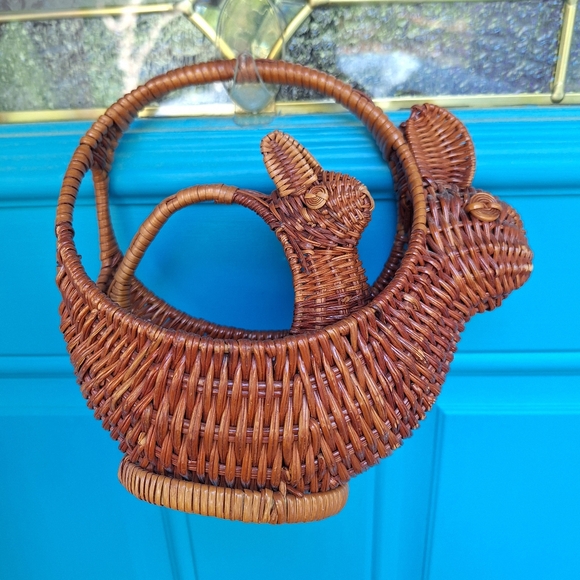 2 Vintage Wicker Basket Art Bunny Rabbit Woven Basket Animal Boho Easter Decor - Picture 3 of 16